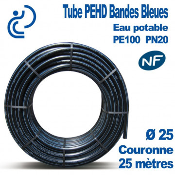 TUBE PEHD Bandes Bleues D25 NF PN20 Couronne de 25ml
