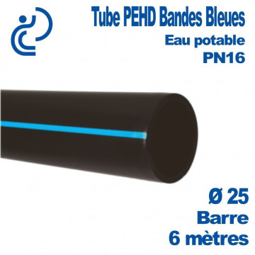 Tube PEHD Bandes Bleues D25 NF PN16 Barres de 6ML