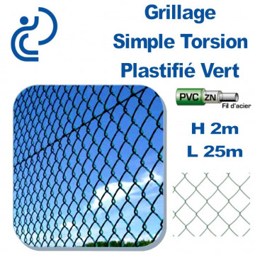 Grillage Simple Torsion Plastifié Vert Hauteur 2m en rouleau de 25 mètres.