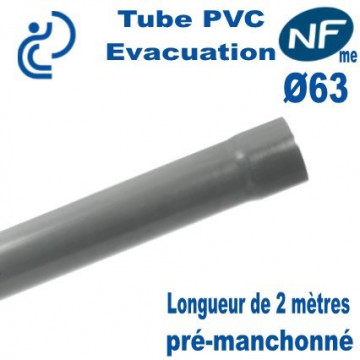 TUBE PVC Évacuation NF E + NF ME D63 coupé en 2ml Pré-manchonné