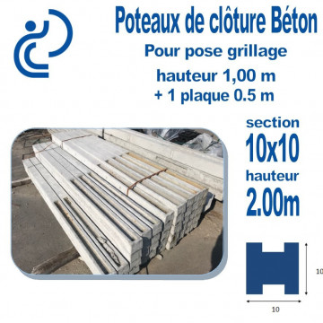 Poteau Béton 10x10 Longueur 2,00 mètres pour pose grillage 1m + 1 plaque 0,5m