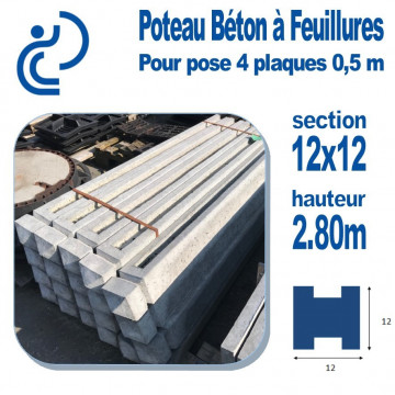 Poteau Béton 12x12 Longueur 2,80 mètres pour pose 4 plaques 0.5 mètres
