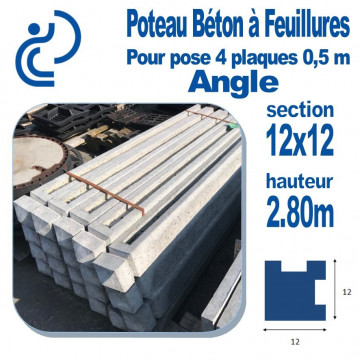 Poteau Béton Angle 12x12 Longueur 2,80 mètres pour pose 4 plaques 0.5 mètres