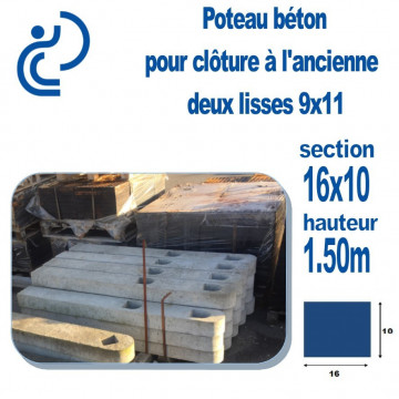 Poteau Béton 10x16 longueur 1,50 mètres pour 2 lisses demi rondes 9x11