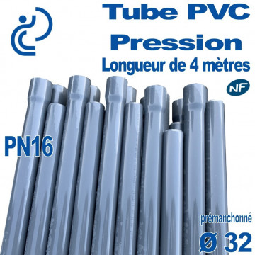 Tube PVC Pression Rigide Ø32 PN16 ep2.4 NF coupé à 4 mètres Pré-manchonné
