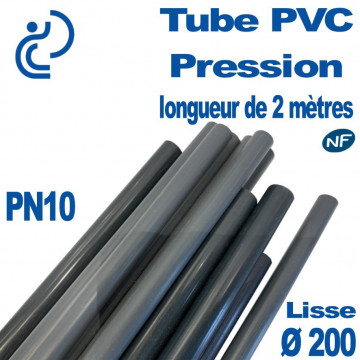 Tube PVC Pression Ø200 PN10 NF coupé à 2 mètres (tube lisse)