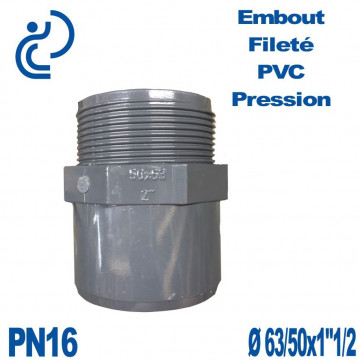 Embout Fileté D63/50x1"1/2 PVC Pression PN16