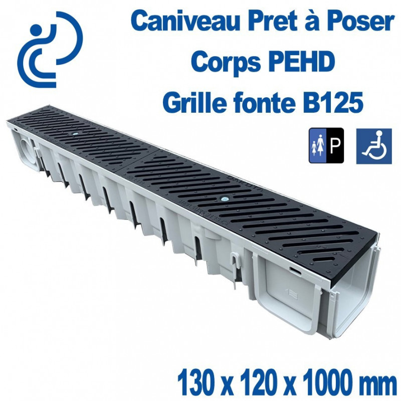 Caniveau Polypro Prêt à poser 130x120x1000mm grille fonte B125
