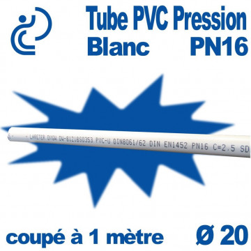 Tube PVC Pression Rigide blanc Ø20 PN16 ep1.5 coupé à 1 mètre Lisse