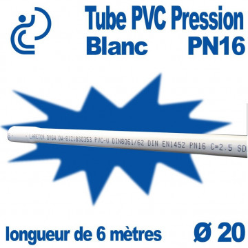 Tube PVC Pression Rigide Blanc Ø20 PN16 ep1.5 longueur 6 mètres