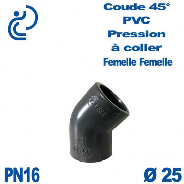 Coude 45° PVC Pression D25 PN16 à coller