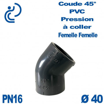 Coude 45° PVC Pression D40 PN16 à coller