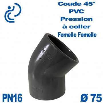 Coude 45° PVC Pression D75 PN16 à coller