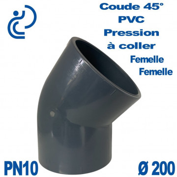 Coude 45° PVC Pression D200 PN10 à coller