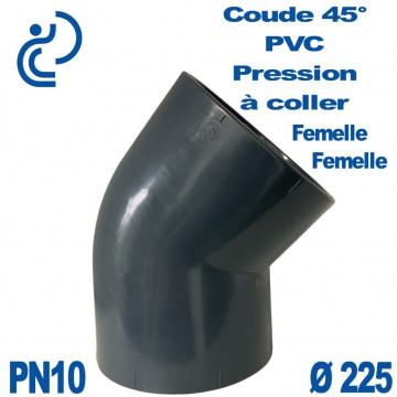 Coude 45° PVC Pression D225 PN10 à coller