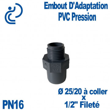 Embout d'Adaptation Fileté Ø25/20 x 1/2" PVC Pression PN16