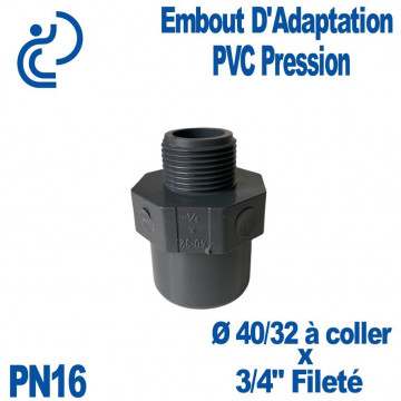 Embout d'Adaptation Fileté Ø40/32 x 3/4" PVC Pression PN16