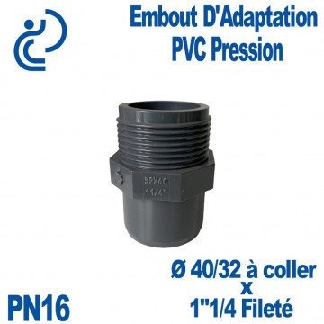 Embout d'Adaptation Fileté Ø40/32 x 1"1/4 PVC Pression PN16