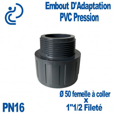 Embout d'Adaptation Simple Ø50 Femelle x 1"1/2 fileté PVC Pression PN16