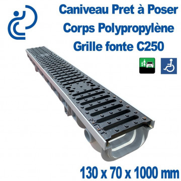Caniveau Polypro Prêt à poser 130x70x1000mm grille fonte C250