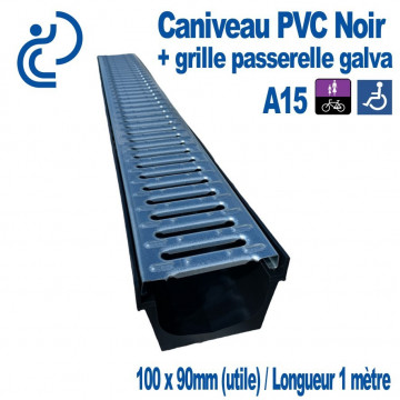 Caniveau PVC Noir ECO 100x90x1000mm Grille Passerelle Galva A15