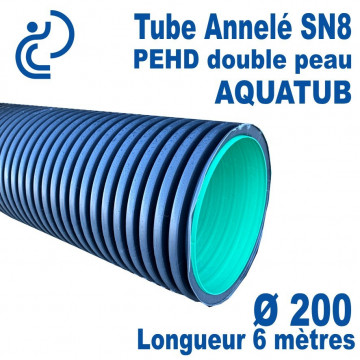 Tube annelé Double Paroi PEHD Ø200 barre de 6ml AQUATUB + Manchon