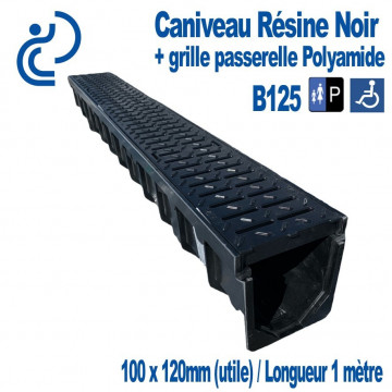 Caniveau Résine Noir 100x120x1000mm Grille Passerelle Polyamide B125