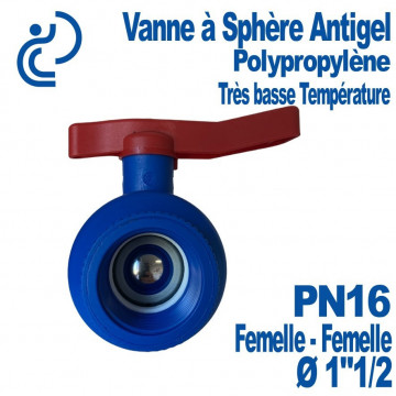 Vanne à Sphère Antigel Bleue Ø1"1/2 Taraudée (Femelle-Femelle) en Polypropylène Très Basse Température