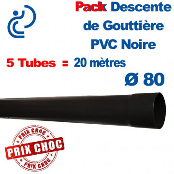 PACK Economique 20 Mètres TUBES DESCENTE PVC NOIR Ø80 (5 longueurs de 4ml)