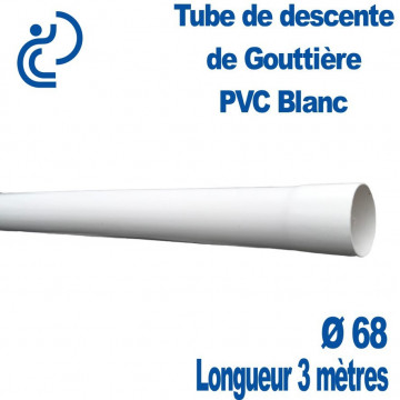 Tube de Descente de Gouttière PVC Ø68 Blanc longueur de 3 mètres