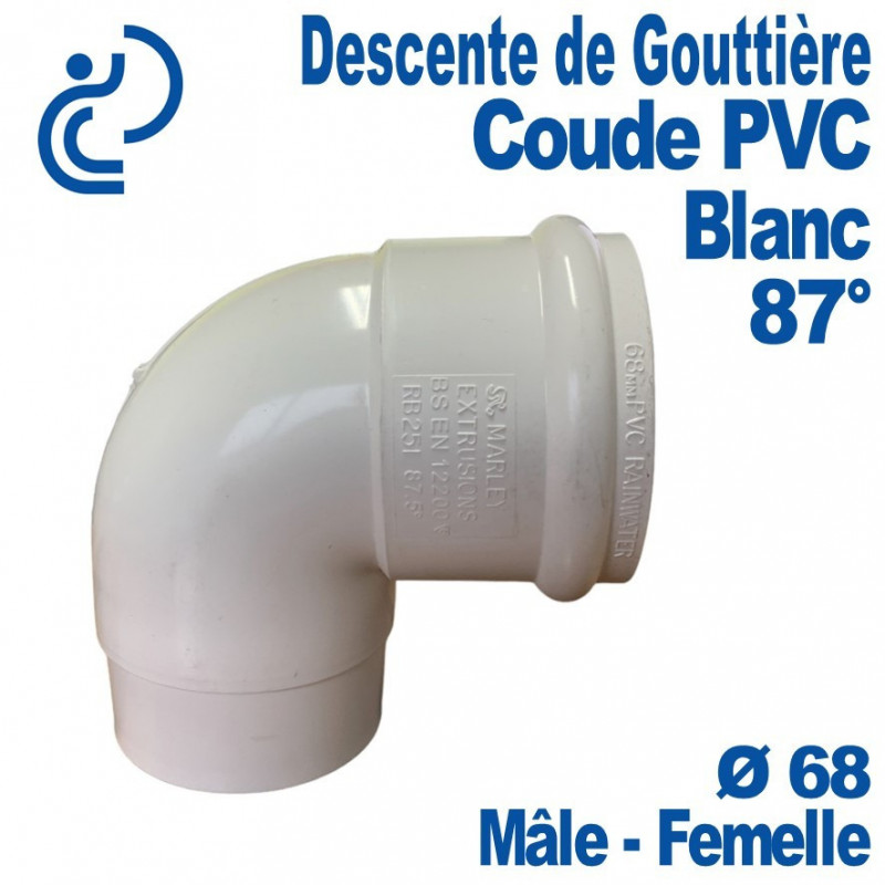 Coude 87° pour Descente de Gouttière PVC Blanc Ø68 Mâle-Femelle