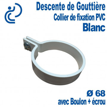 Collier Pour Descente de Gouttière PVC Blanc Ø68 avec boulon + écrou