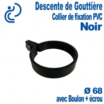 Collier Pour Descente de Gouttière PVC Noir Ø68 avec boulon + écrou