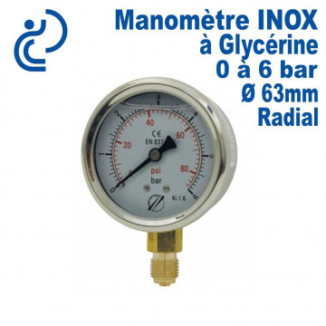 Manomètre Boitier INOX à bain de Glycérine Ø63 Radial Graduation 0 à 6 bar
