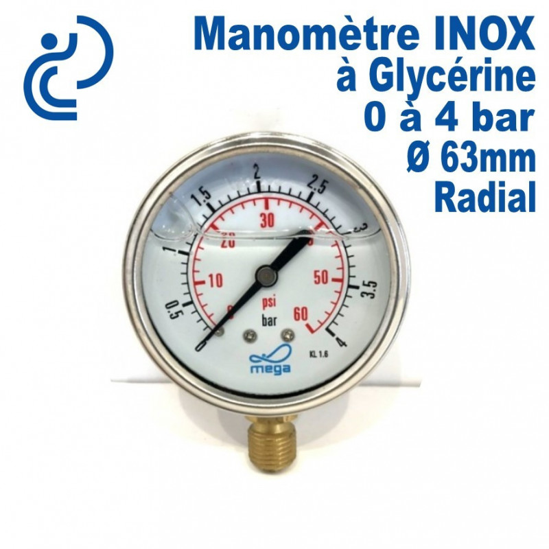 Manomètre à Glycérine Inox 0 à 4 Bar