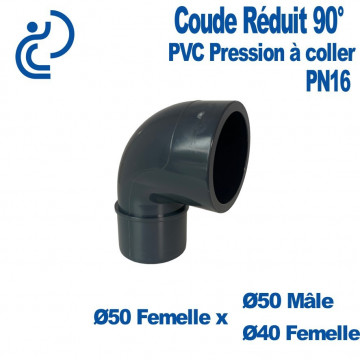 Coude Réduit 90° PVC Pression Ø50x50x40 FMF PN16 à coller