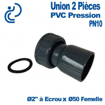 Union 2 Pièces PVC Pression Ø50 Femelle à Ecrou + Joint Ø50 Femelle à Coller