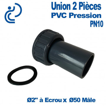 Union 2 Pièces PVC Pression Ø50 Femelle à Ecrou + Joint Ø50 Mâle à Coller