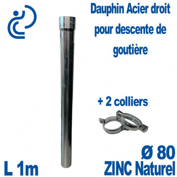 Dauphin Acier Ø80 finition Zinc Naturel Hauteur 1 mètre + 2 colliers