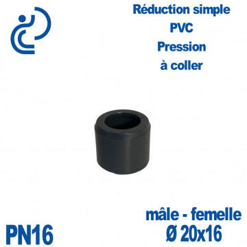 Réduction Simple Ø20x16 Mâle Femelle à coller PVC Pression