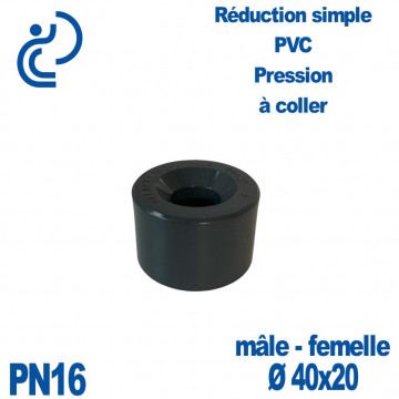 Réduction Simple Ø40x20 Mâle Femelle à coller PVC Pression