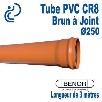 Tube PVC CR8 Brun Ø250 à joint BENOR longueur de 3 mètres