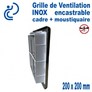 Grille de ventilation Inox 200 x 200mm encastrable avec Cadre + Moustiquaire