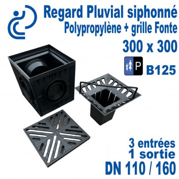 Regard Pluvial PP Siphonné 300x300 à panier + Grille Fonte B125